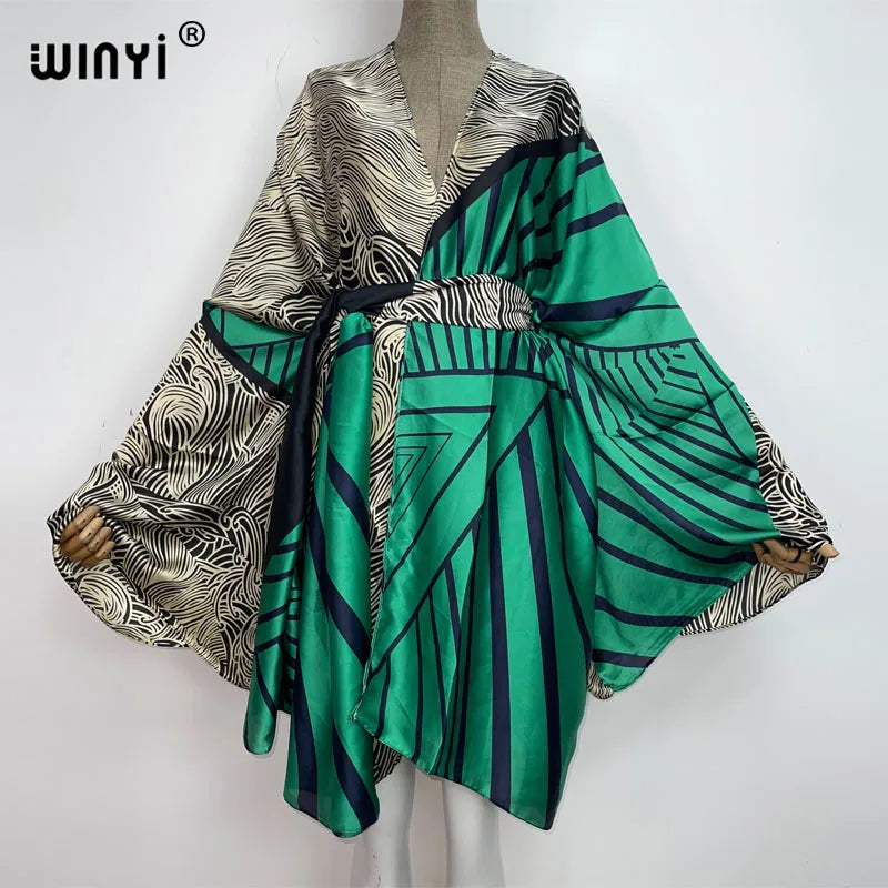 WINYI Summer Beach Wear Swim Suit Cover kaftan sweet lady boho Cardigan stitch Self Belted sexy Holiday long Sleeve Kimono