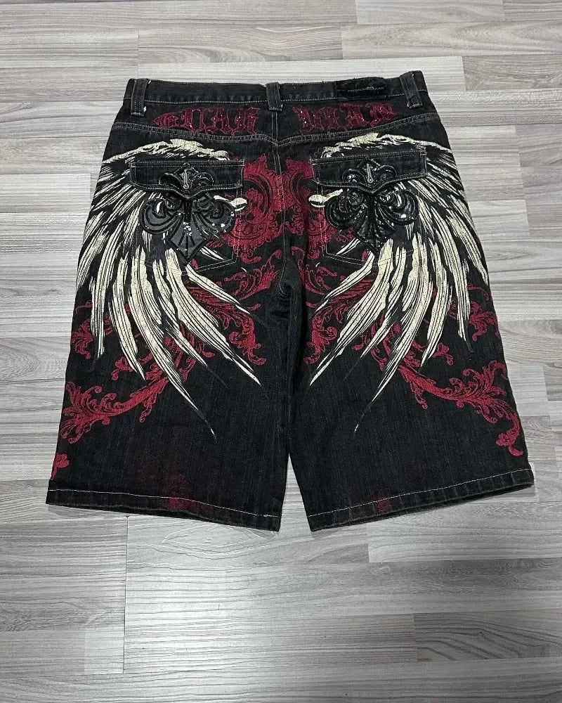 Graphic Printed Gothic Baggy Jean Shorts