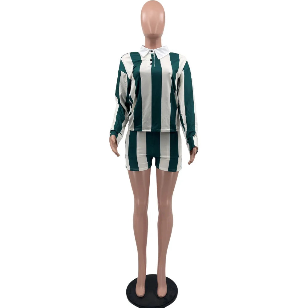 Striped Women's Set Pleated full Sleeve Turn-down Collar Polo-t-shirt and Shorts Two 2 Piece Sets Outfit Tracksuits