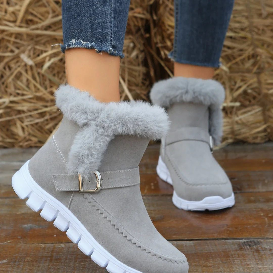 New Snow Boots Winter Warm Thickened Solid Color Plush Ankle Boots With Buckle Design Plus Velvet Flat Shoes For Women