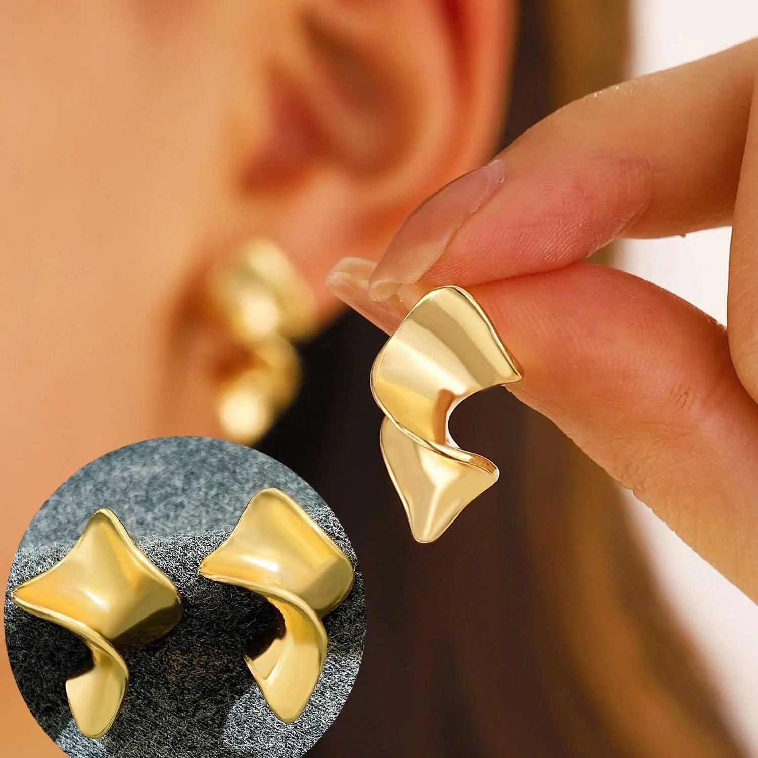 Vintage Pleated Geometric Earrings – Stainless Steel Statement Studs