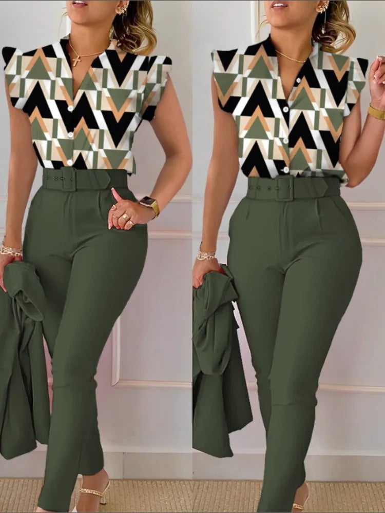 Women's Elegant 2-Piece Set – Printed Long Sleeve Shirt & High-Waist Pants, Casual Spring/Autumn Fashion
