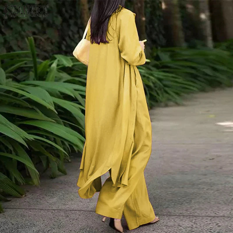 Women's Two Piece Pant Set With Wide Leg Pants And Long Sleeve Shirt