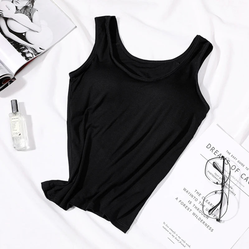 2023 Women's Vest Tops with Built In Bra Neck Vest Solid Color Padded Slim Fit Tank Tops Sexy Shirts Feminino Casual Tank Tops