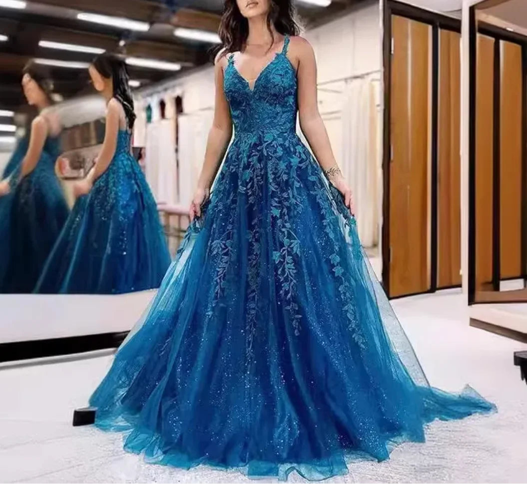 Tulle Lace Appliques Sparkly Prom Dresses A Line with Slit V Neck Formal Party Dress