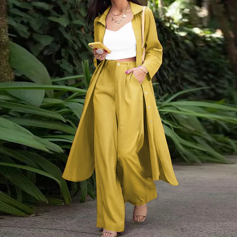 Women's Two Piece Pant Set With Wide Leg Pants And Long Sleeve Shirt