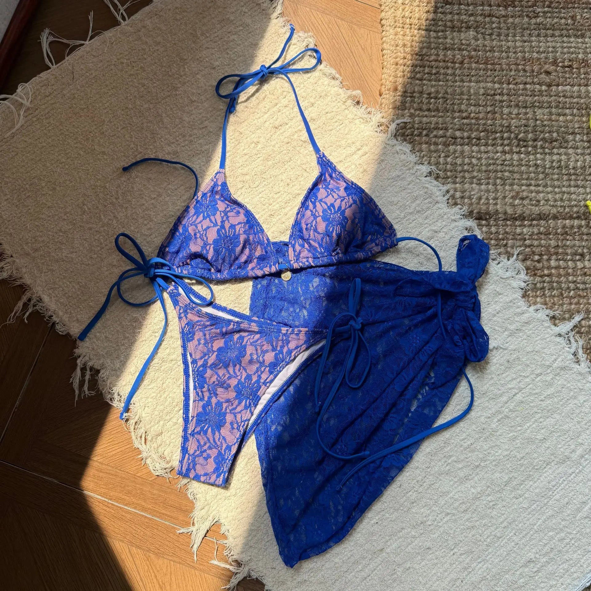 Lace Patchwork Bikinis Micro Thong Swimwear with Long Sleeve Cover Up Side Bandage Beach Bathing Suit Halter String Swimsuits