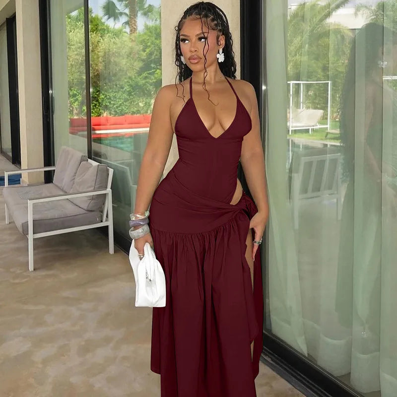 Elegant Women's Set Sleeveless Strap Bodysuit +Long Skirts Set Tracksuit Sexy Tie Up Two 2 Piece Set Outfits