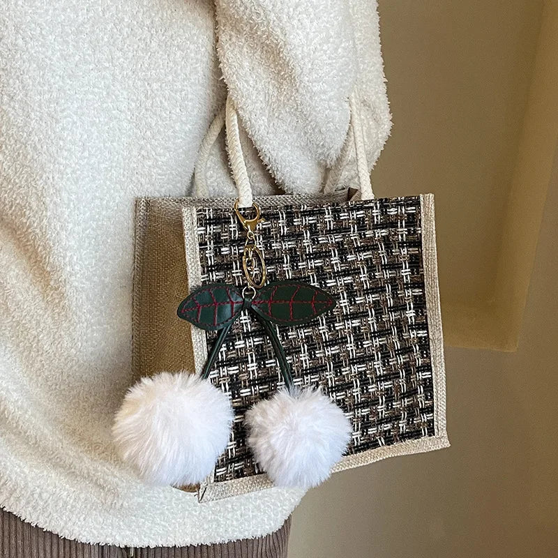 Retro Braided Pattern Jute Tote Bag Large Capacity Grocery Bag Women Handbag Beach Organizer Portable Shopping Bag Lunch Bag