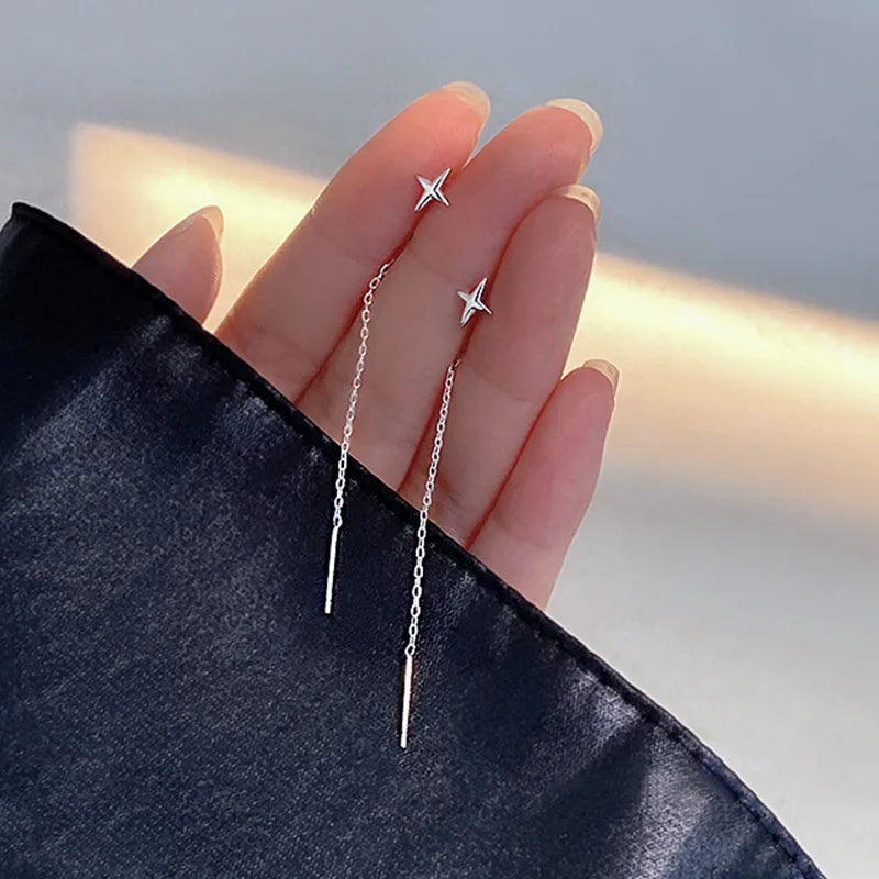 Sterling Silver Star Drop Earrings With Tassel Chain