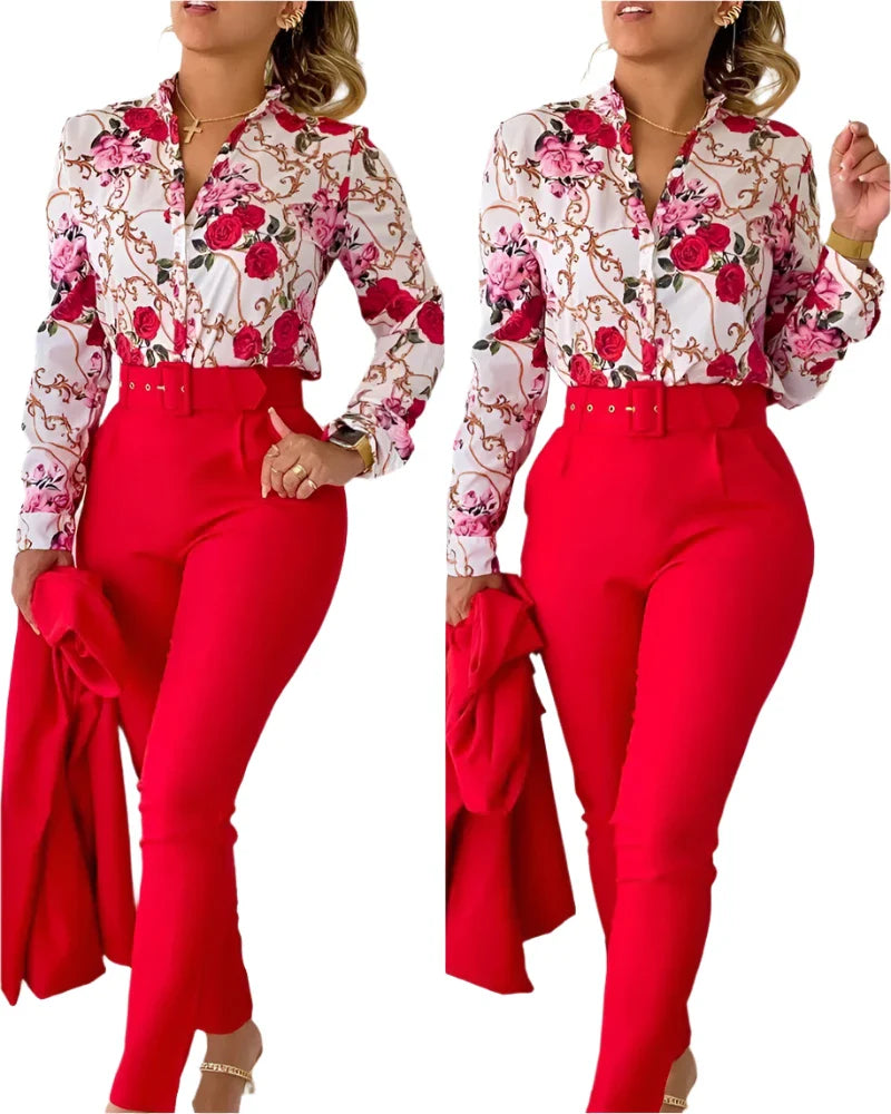 Women's Elegant 2-Piece Set – Printed Long Sleeve Shirt & High-Waist Pants, Casual Spring/Autumn Fashion