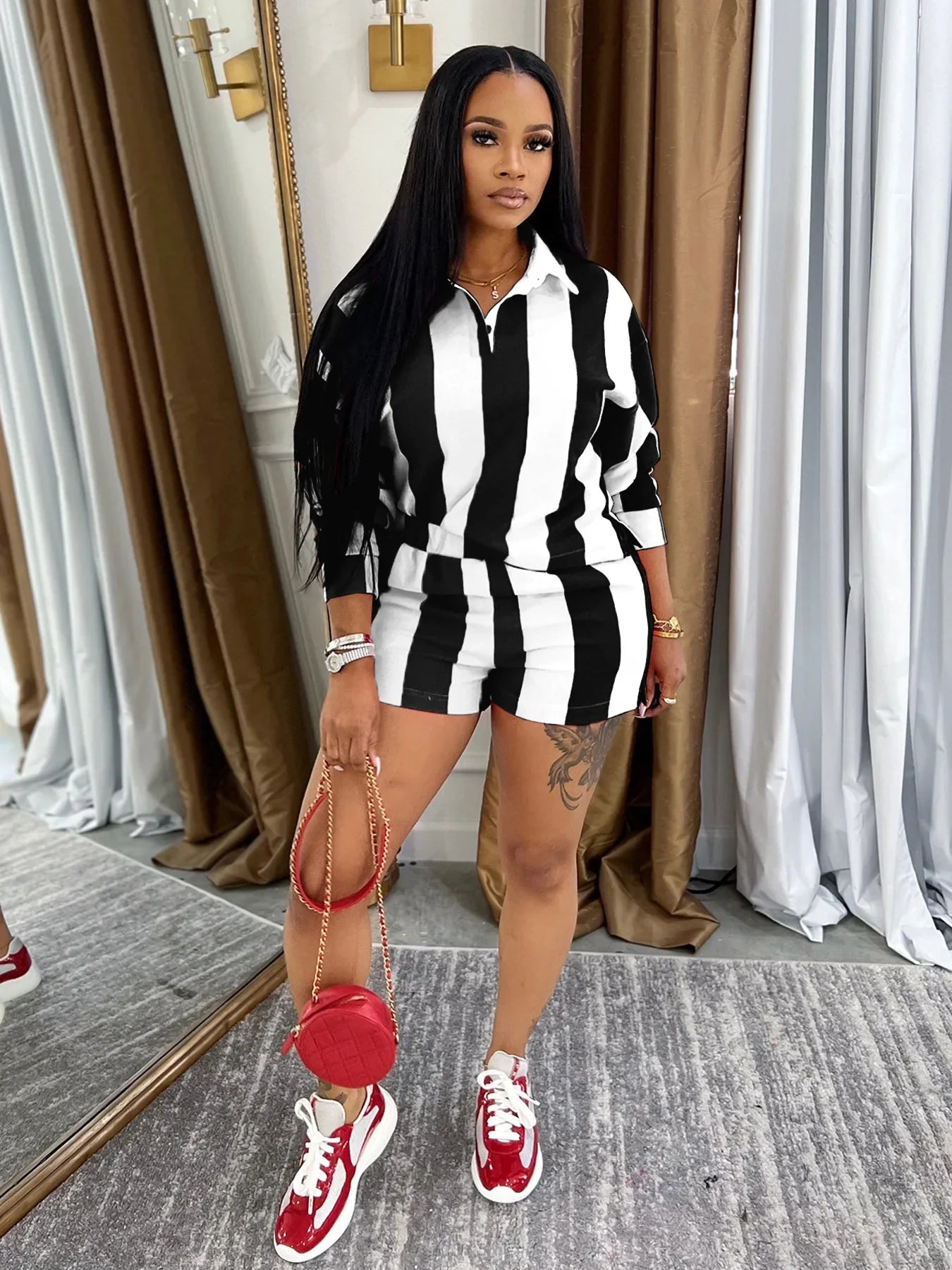 Striped Women's Set Pleated full Sleeve Turn-down Collar Polo-t-shirt and Shorts Two 2 Piece Sets Outfit Tracksuits