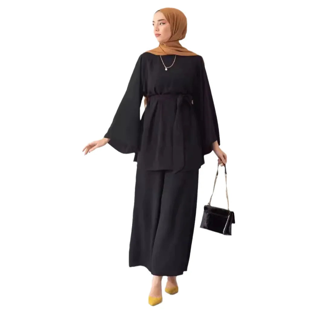Eid Muslim Two Piece Set Islam Women Lace Up Shirt Wide Leg Pants Suits Ramadan Turkey Outfits Modest Morocco Abayas Ensembles