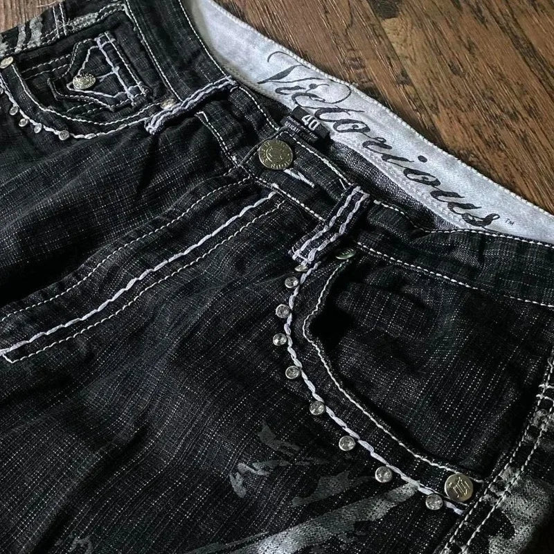 Graphic Printed Gothic Baggy Jean Shorts