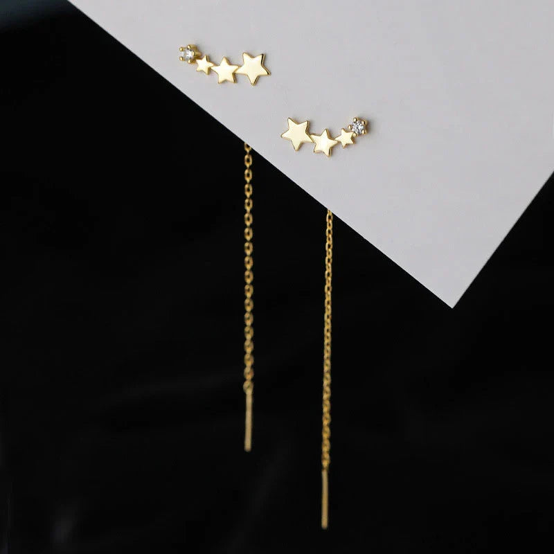 Sterling Silver Star Drop Earrings With Tassel Chain