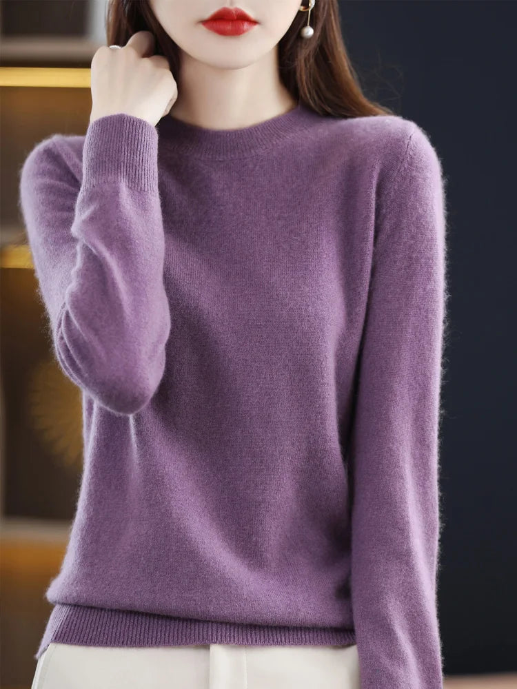 Fashion 100% Merino Wool Women's Sweater O-Neck Long Sleeve Pullover Spring Autumn Winter Basic Jumper Clothing Knitwear Tops