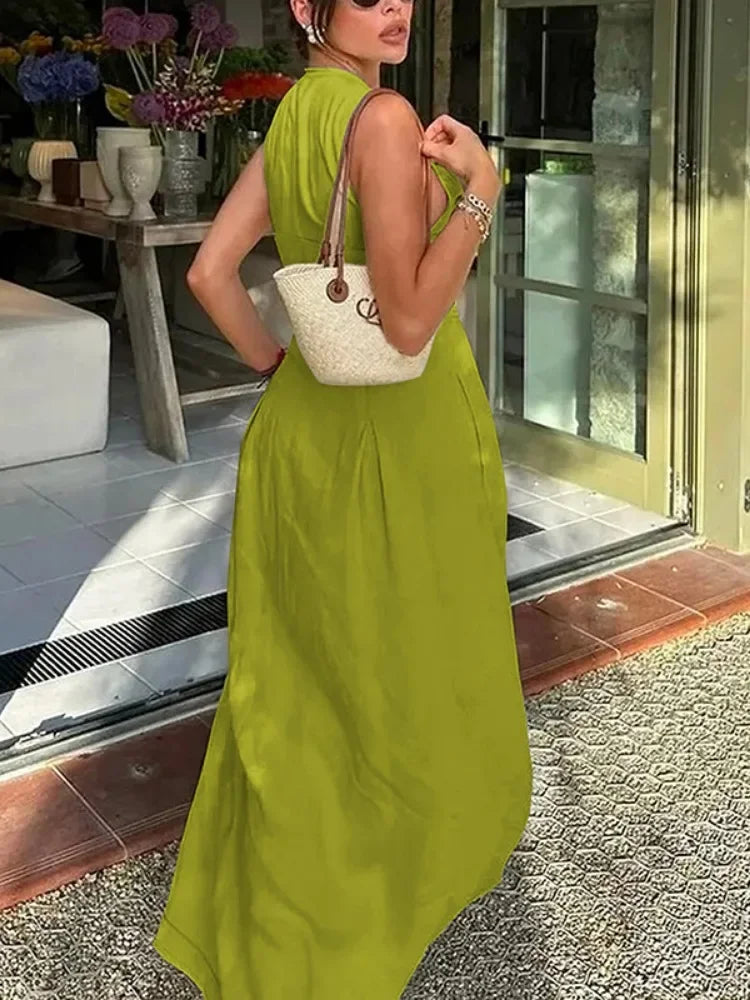 UOOZEE Office Lady Commute Pleated A-line Dress 2025 New Summer Fashion Solid Color Sleeveless Zipper Evening Maxi Dresses