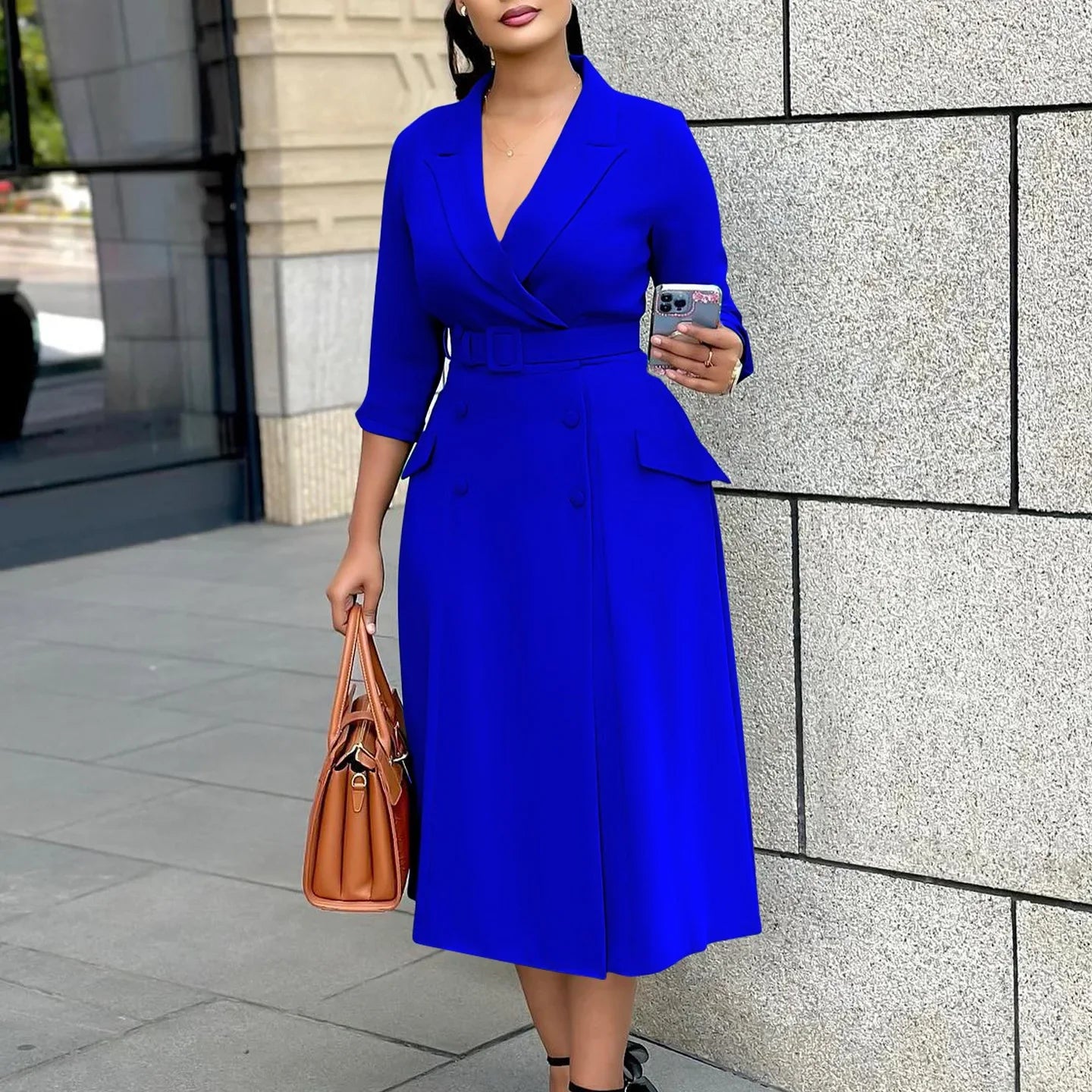 Women Notched Neck Elegant Full Sleeve Midi Dress Work Belt Streetwear Africa Party Club Dresses