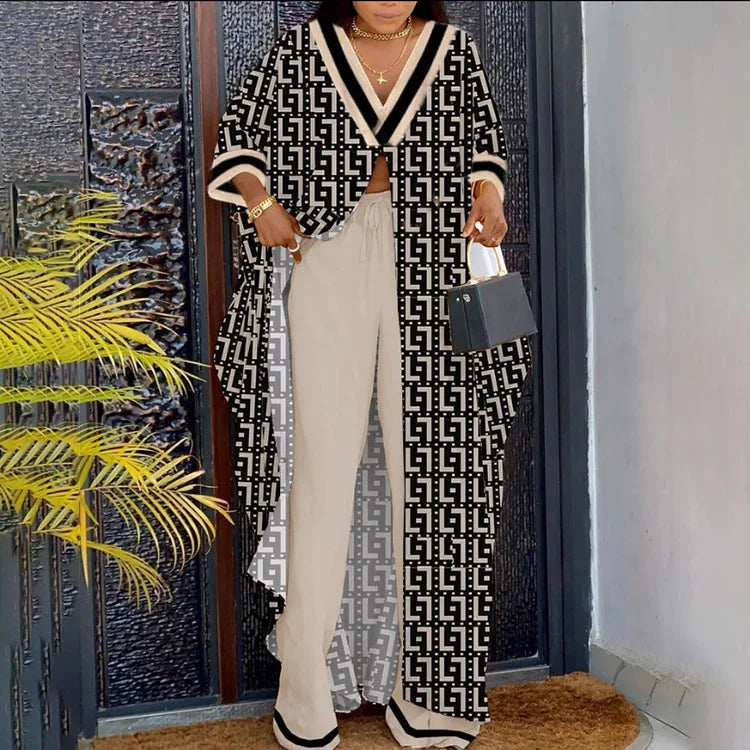 Spring Summer New Women's V-neck Loose Long Sleeved Top Letter Printing Fashion Casual Open Front Women's Pants Set