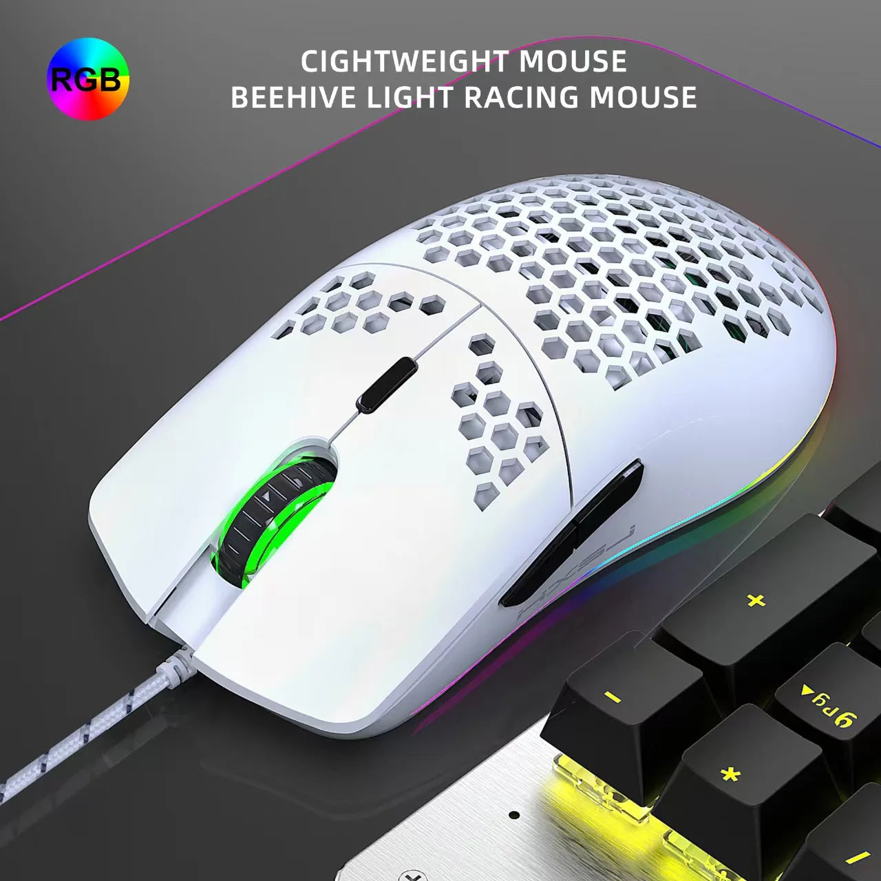 White Gaming Mouse RGB Lighting One-Hole Design Macro Programming Wired Compatible with Tablets Laptops for Office And Esports