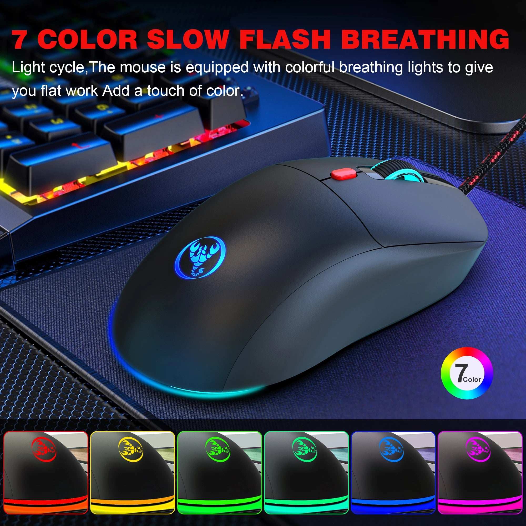 6 Keys Wired Gaming Mouse Adjustable 3600dpi 7 Colors RGB Comfortable Mice for Home Office Laptop Computer Gamer