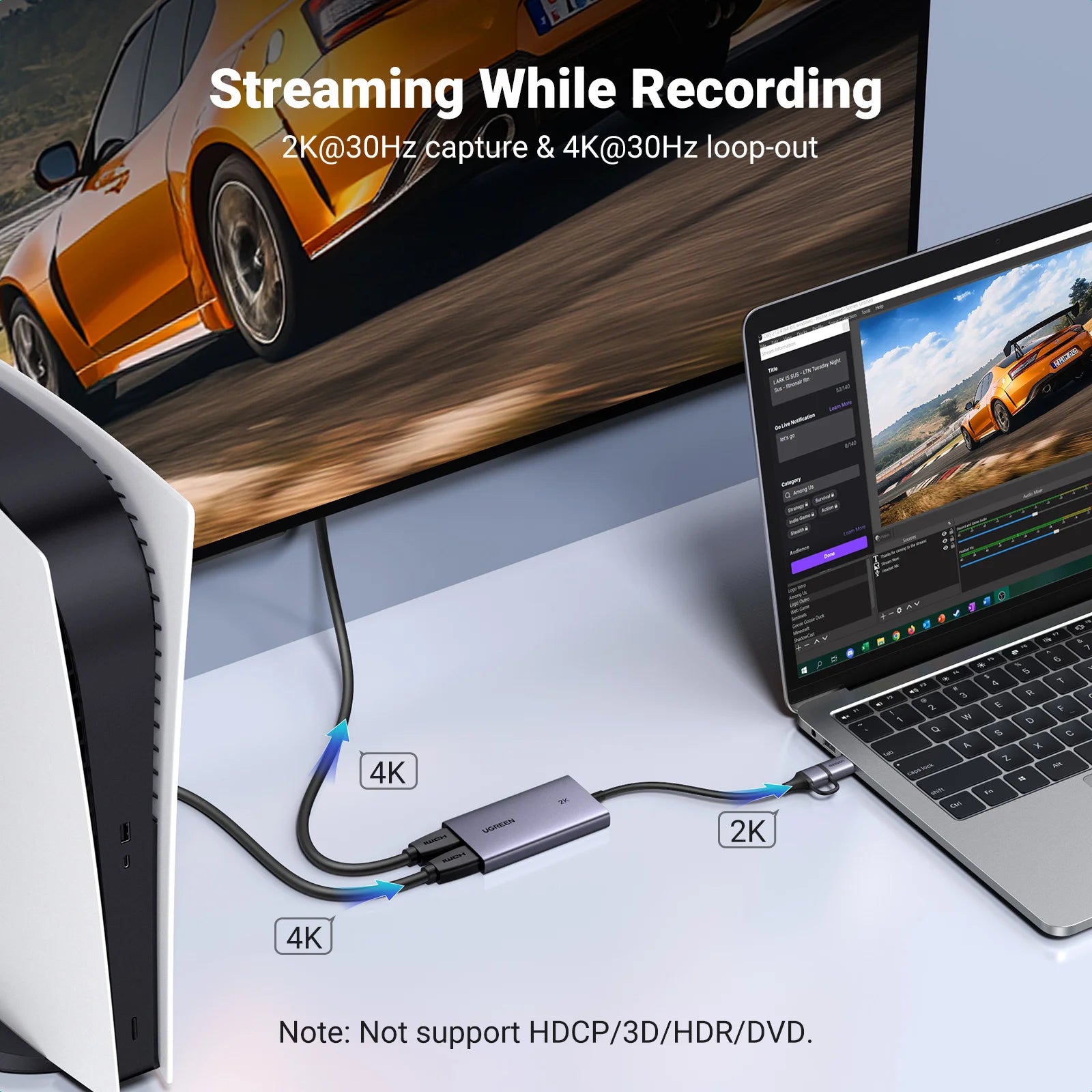 UGREEN HDMI Capture Card 2K@ 30 Capture & 4K Loop-out HDMI to USB/Type-C