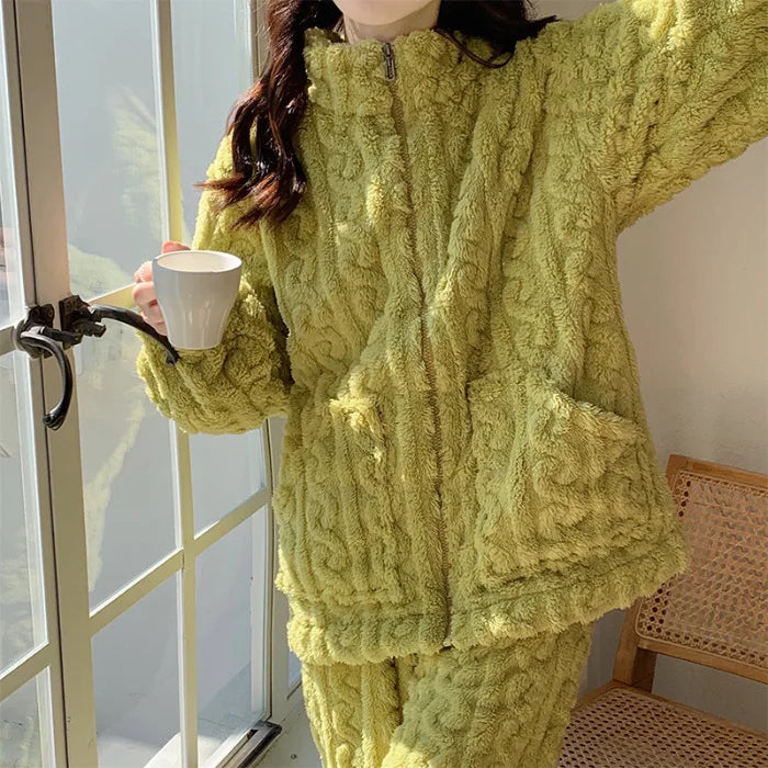 Large Size Flannel Pajamas Set Autumn Winter Female Sleepwear Trouser Suit Thicken Coral Fleece High Collar Lounge Wear Homewear