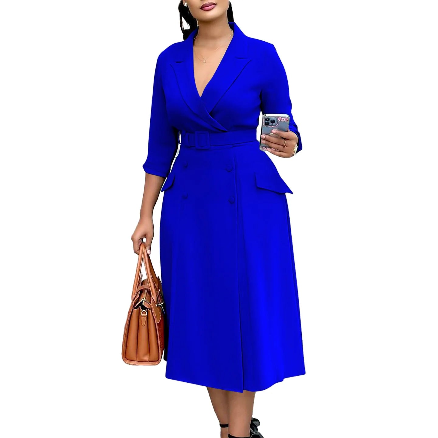 Women Notched Neck Elegant Full Sleeve Midi Dress Work Belt Streetwear Africa Party Club Dresses