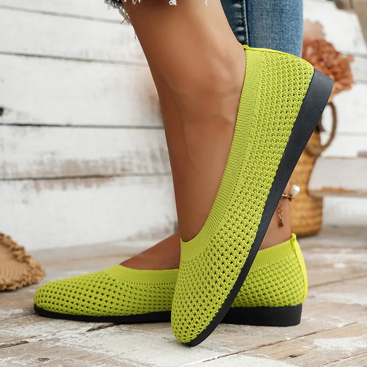 Women's Round Toe Flat Shoes, Solid Color, Knitted Slip-on Shoes