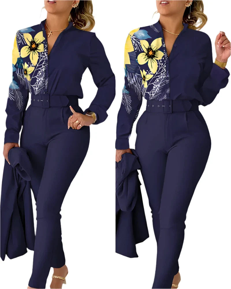 Women's Elegant 2-Piece Set – Printed Long Sleeve Shirt & High-Waist Pants, Casual Spring/Autumn Fashion