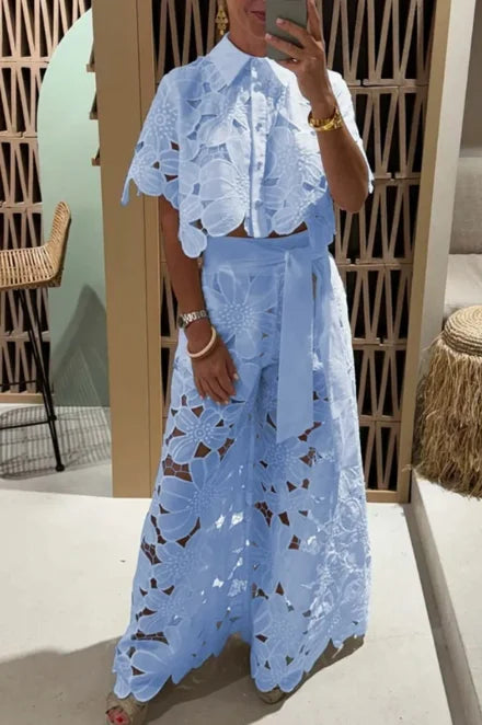 Solid Color Cutout Cardigan & Wide Leg Pants Two-Piece Set for Women