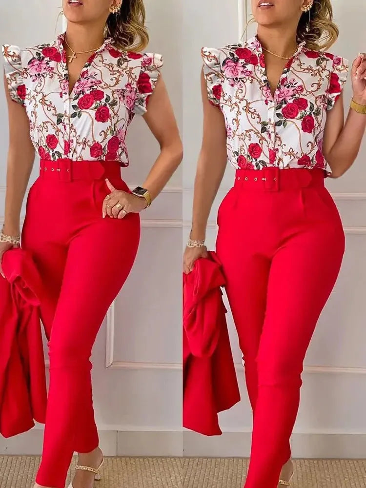 Women's Elegant 2-Piece Set – Printed Long Sleeve Shirt & High-Waist Pants, Casual Spring/Autumn Fashion
