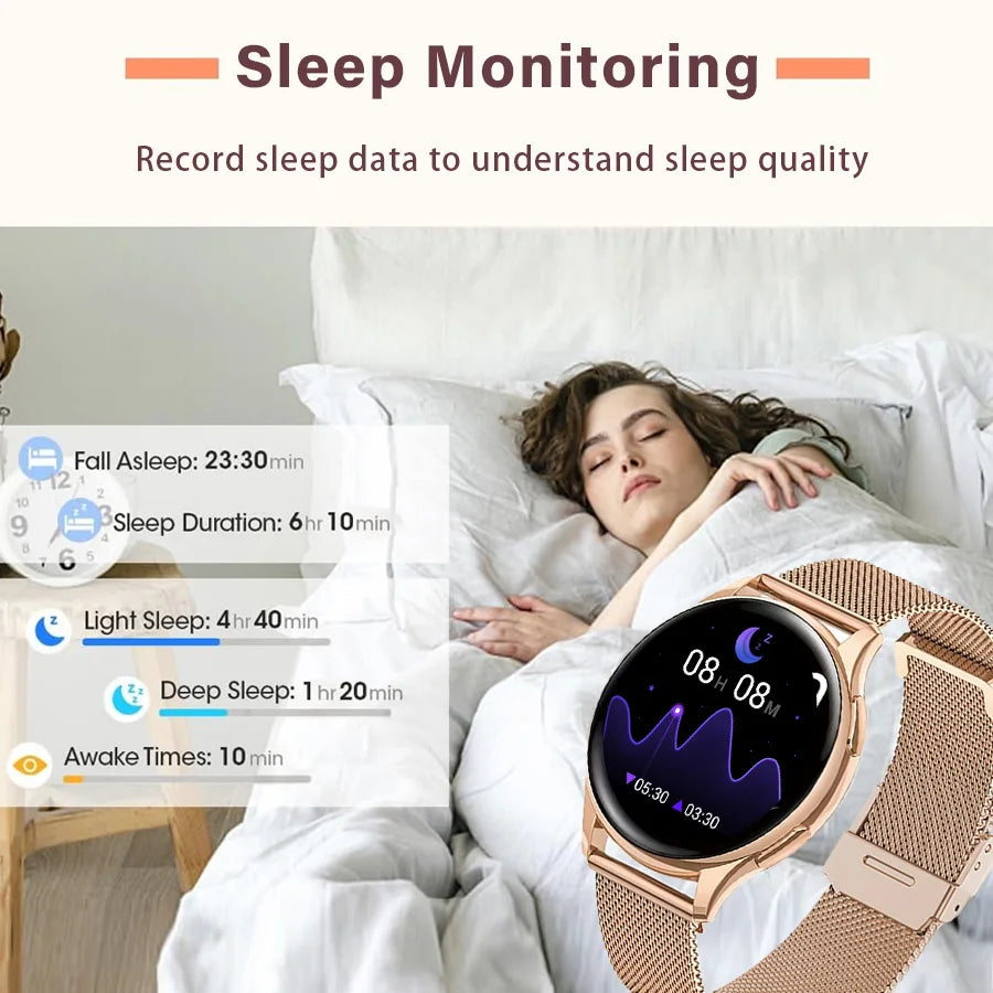 Smart watch for women, always-on display, IP67, fitness tracker with sleep monitoring/menstrual cycle, black gold