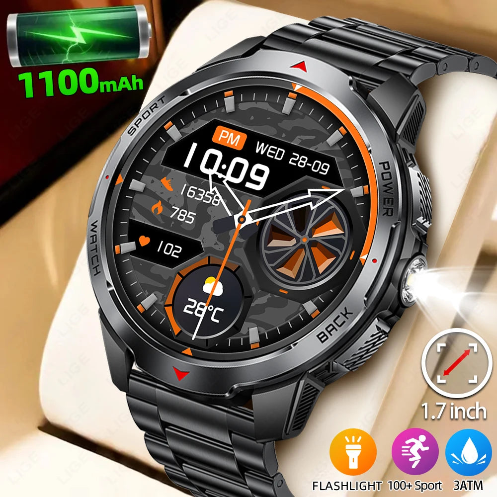 LIGE New 1100mAh Battery Smart Watches For Man Outdoor Sport LED Flashlight Compass Men’s Smartwatch Bluetooth Call Men Watches