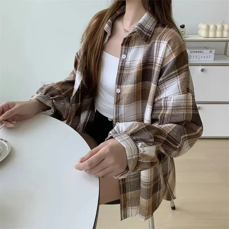 Women’s Plaid Shirt – Autumn Long Sleeve Vintage Loose Blouse, Casual Preppy Style Check Top