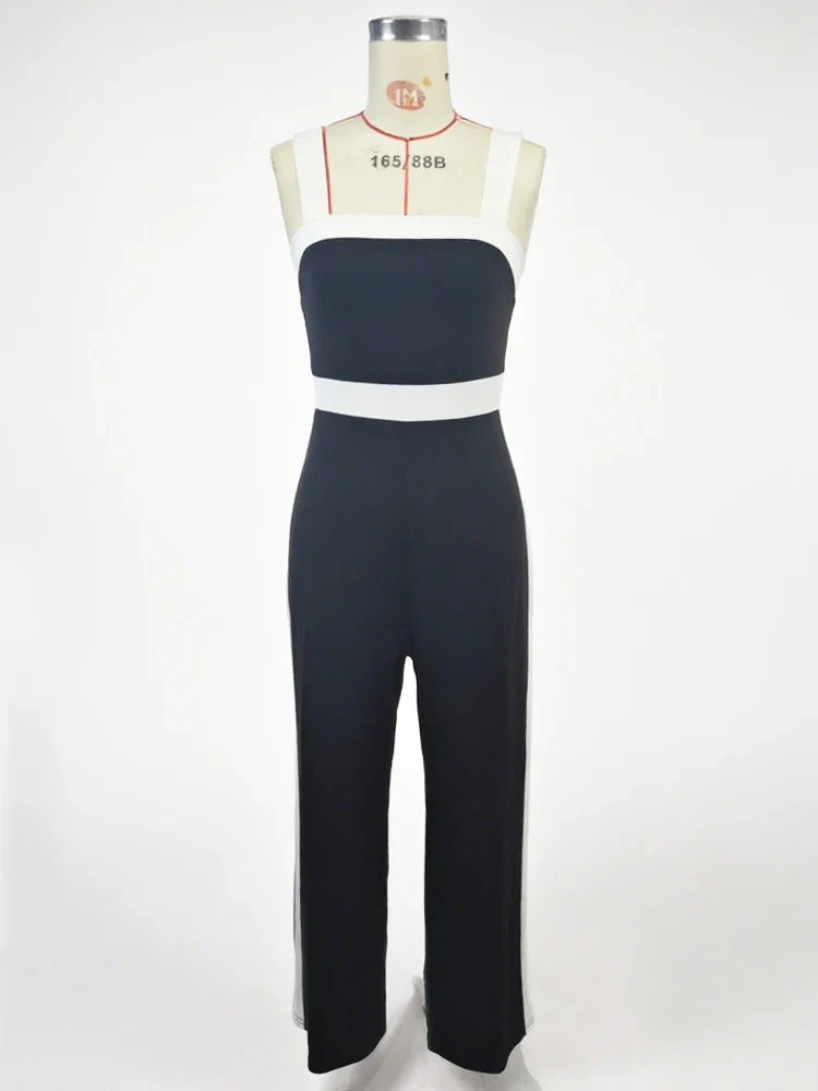 Women’s Contrast-Trim Jumpsuit – Square Neck, Wide Leg