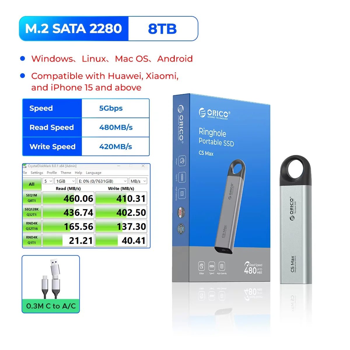 ORICO 1TB External SSD - Ultra-Fast 460MB/s Speed, Hanging Hook Design