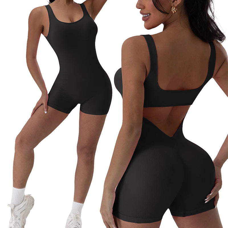 1PCS Backless Yoga Suit U Neck Sleeveless Sports Jumpsuit Solid Colour Threaded Stretch Women Bodysuit Without Bust Pads