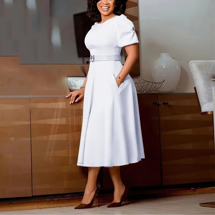 Elegant African Dresses For Women O Neck Short Sleeve Belt Waisted Pleated Mid Calf Fashion Female Birthday Party Dinner Dress