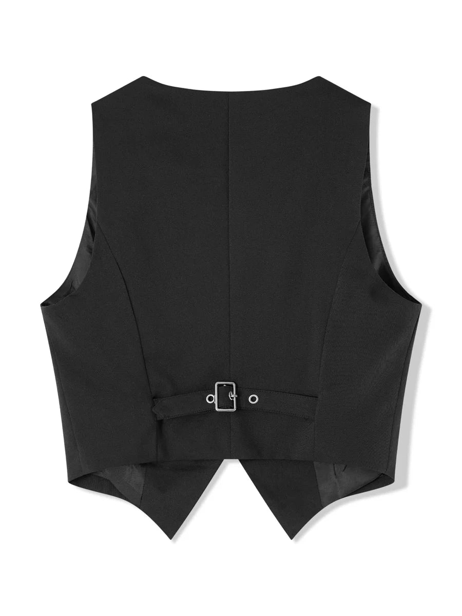 Women's Fashion Black Sleeveless Vests Casual V Neck Button Waistcoat Formal Business Tuxedo Shirt Slim Fit Cropped Blazer Vests