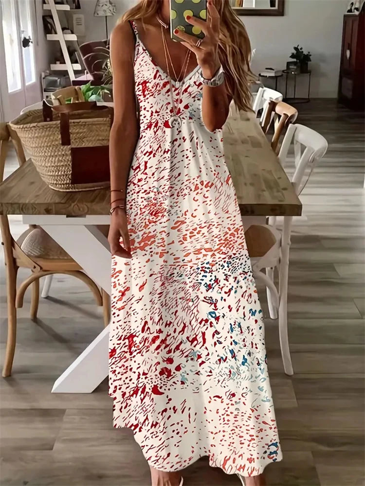 Abstract Print Maxi Dress, Casual Sleeveless Spaghetti Strap Dress, Women's Clothing