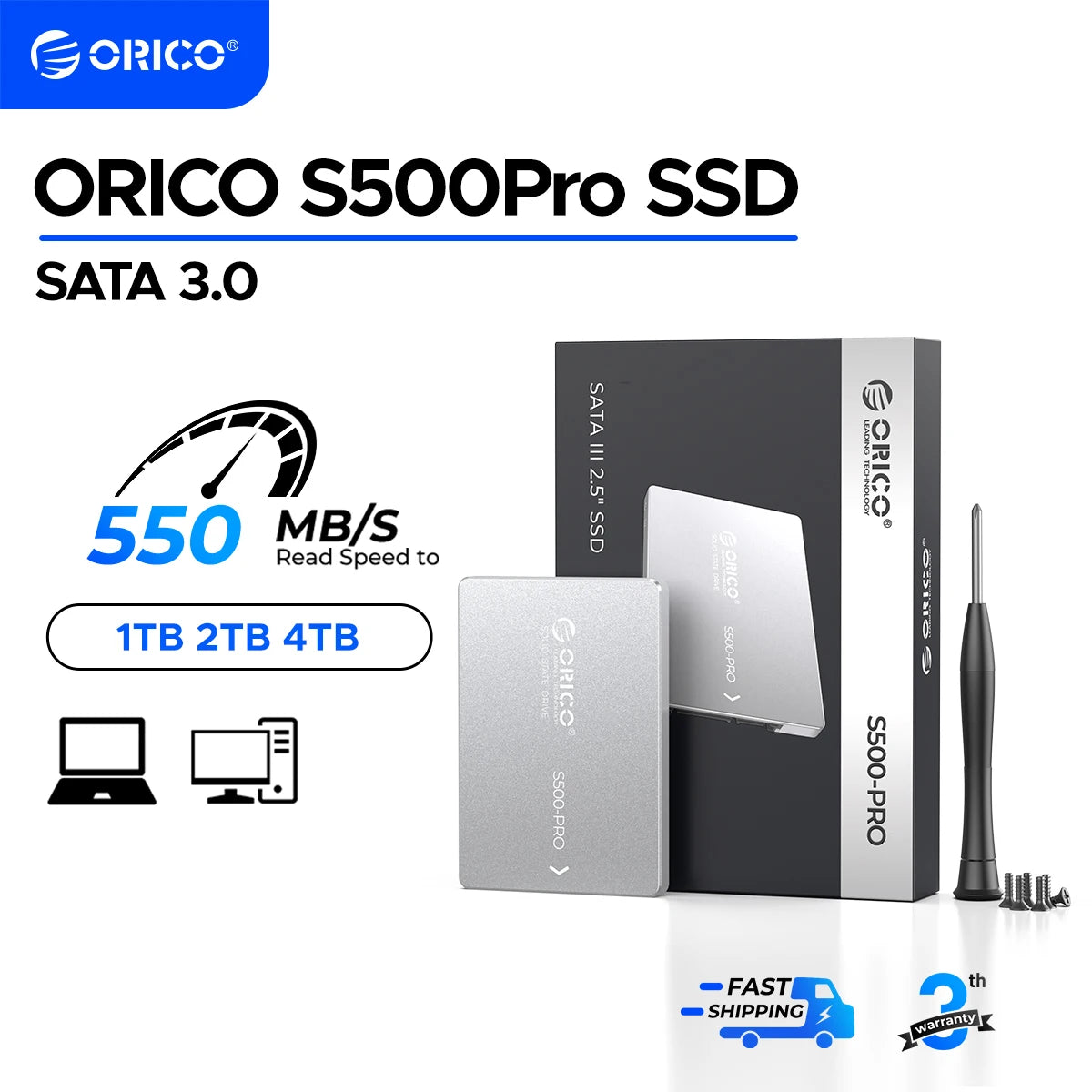 ORICO SATA III SSD 2.5” Internal Solid State Drive Aluminum NAND 1TB 4TB UP to 550MB/s for Upgrade PC Laptop Desktops S500PRO