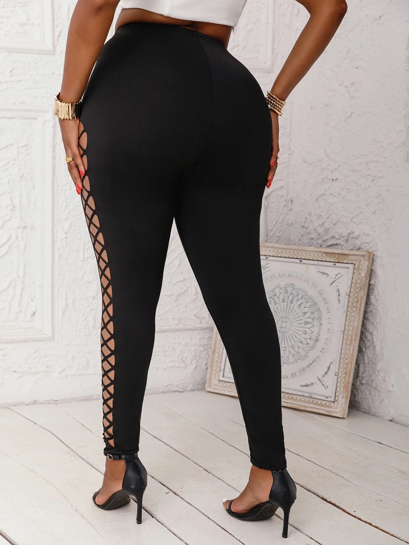 Women's Plus Size Mid-Waist Leggings Faux Cut-Out Grid Pattern Stretch Knit Pants Comfortable Solid Color Basics Trousers
