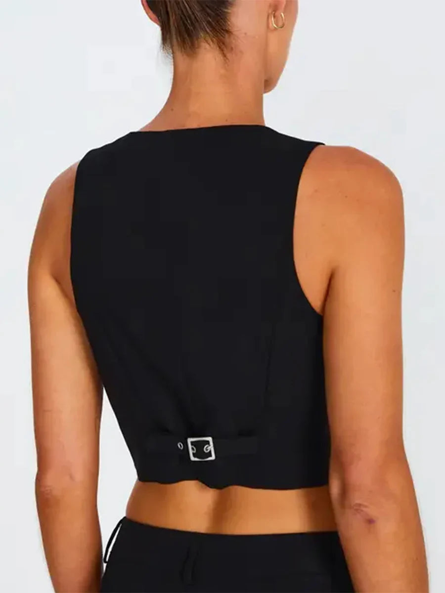Women's Fashion Black Sleeveless Vests Casual V Neck Button Waistcoat Formal Business Tuxedo Shirt Slim Fit Cropped Blazer Vests