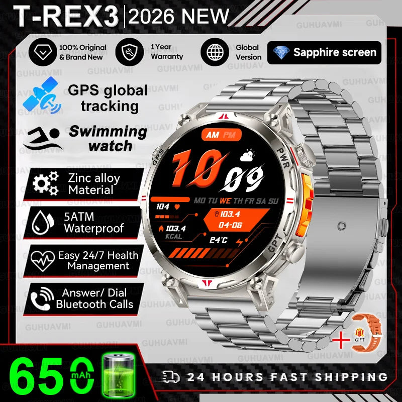 2026 New Military T-Rex 3 Ultra GPS Compass Smart Watch For Outdoor Sports 5ATM Waterproof Heart Rate 650mAh Battery Smart Watch