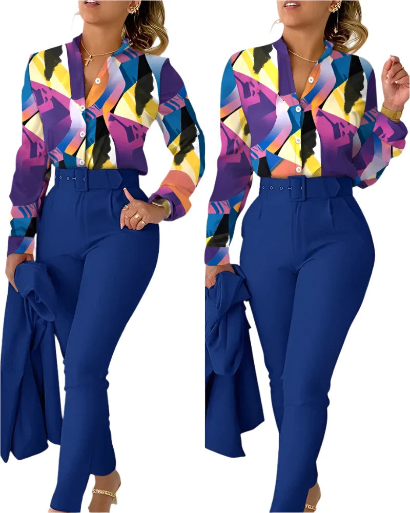 Women's Elegant 2-Piece Set – Printed Long Sleeve Shirt & High-Waist Pants, Casual Spring/Autumn Fashion