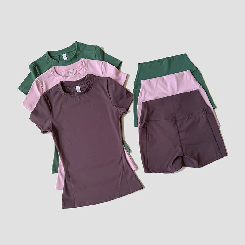Women's Sports Set Seamless Knitted Short Sleeve