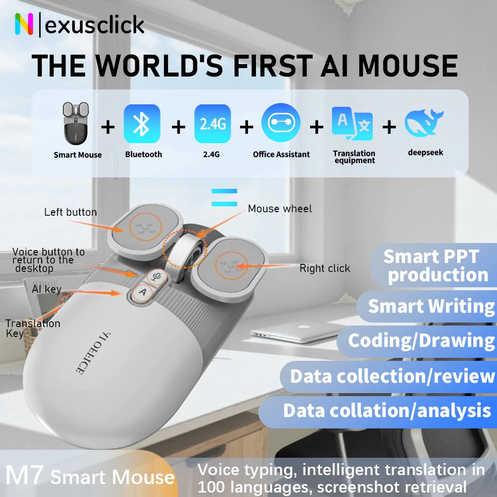 New AI Wireless Mouse 2.4G Bluetooth Mouse with Artificial Intelligence Deepseek AI Voice Recording ChatGPT Gaming Mice for PC