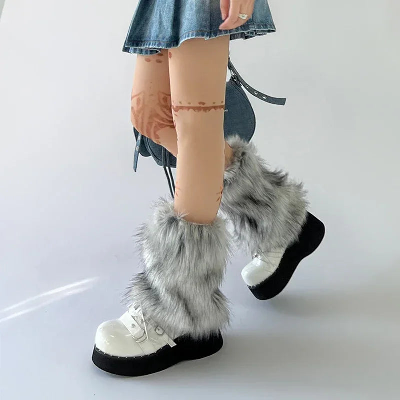 Y2k Vintage Faux Fur Leg Warmers Hot Girl Harajuku Winter Warm Furry Boots Cover Socks Jk Punk Hiphop Cosplay Accessories