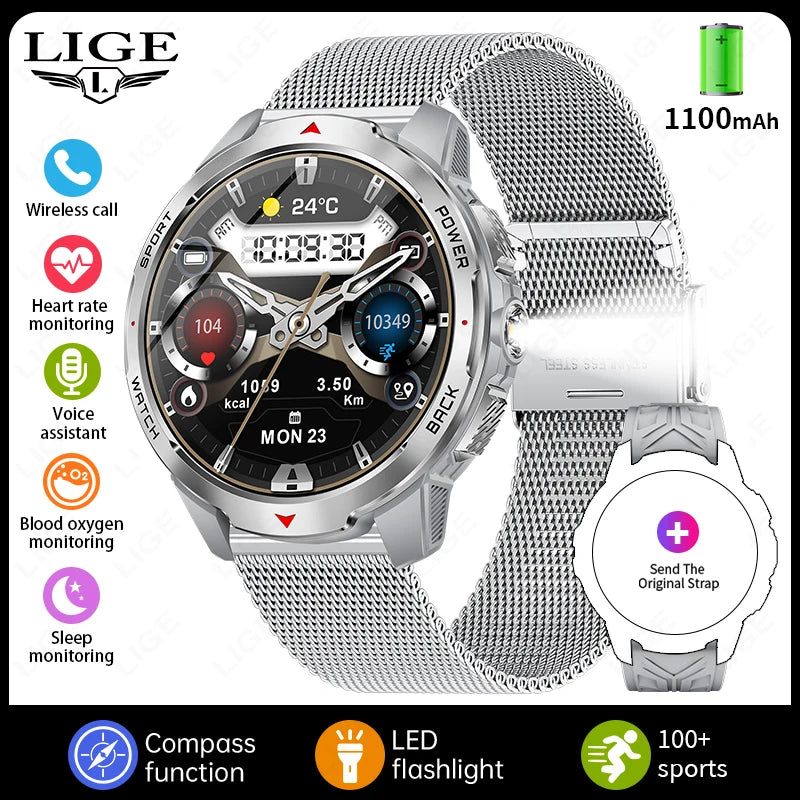 LIGE Men Smart Watch 1100mAh Large Battery 3ATM Waterproof Bluetooth Call Heart Rate Sleep Monitor Flashlight Sports Smartwatch